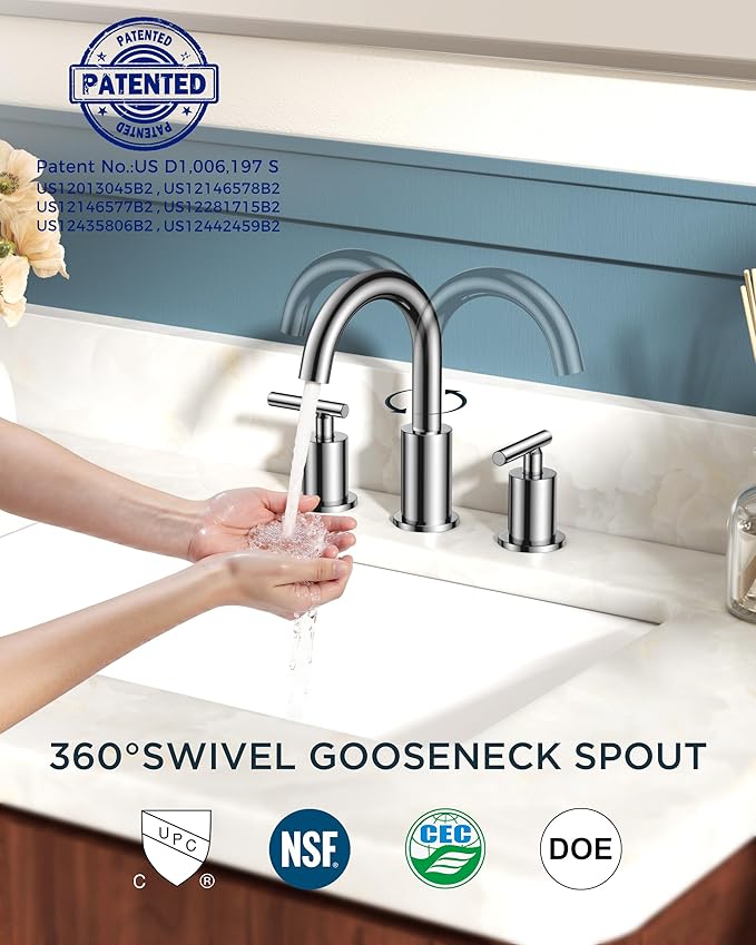 FORIOUS Chrome Bathroom Faucet 3 Hole, 8 Inch Widespread Bathroom Sink Faucet Polished Chrome 6 in with Metal Pop Up Drain and 24" Supply Line, 360 Degree Swivel Gooseneck for 3 Hole Vanity Sink RV