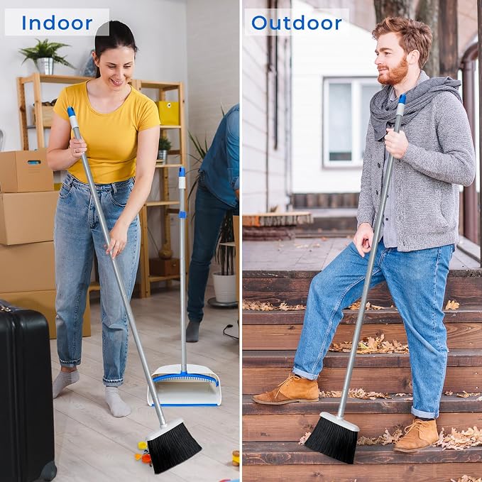 Broom and Dustpan Set with Long Handle 52", Standing Broom and Dust Pan Set for Home Kitchen Room Office Lobby Blue