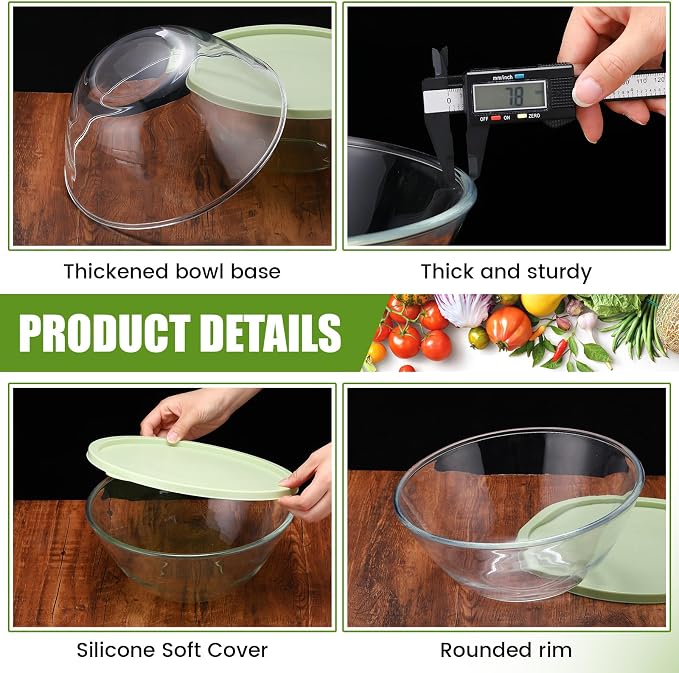 2 Pcs 4.75 Qt Glass Mixing Bowl with Lid Thickened Borosilicate Glass Bowl for Baking Sourdough, Meal Prep, Salad, Mixing, Microwave Storage Prepping Freezer Safe