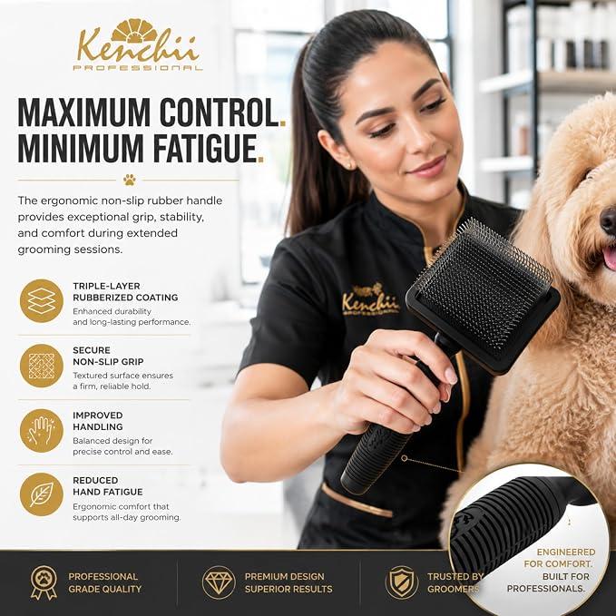 Kenchii Long Pin Slicker Brush for Dogs (Poodles, Doodles, Goldendoodles, Labradoodles), Professional Grooming Brush for Detangling, Fluffing & Dematting, Non-Slip Comfort Handle (Black)