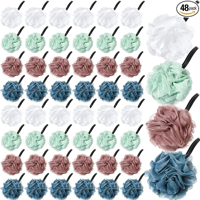 Shellwei 48 Pack Bath Sponge Shower Loofahs Bulk Pack 50g Soft Net Body Scrubber Shower Pouf Sponge Ball Body Exfoliating Bath Scrunchies for Men and Women