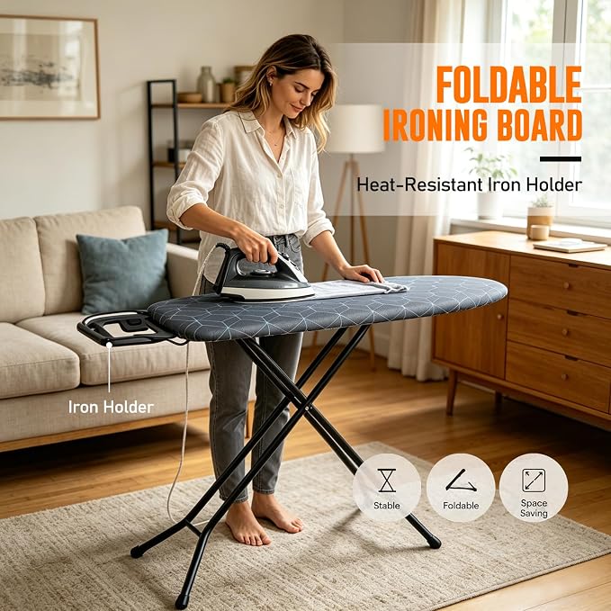 Ironing Board with Iron Rest – 45 x 13 Inch Full Size Foldable Board – Adjustable Height Steel Mesh Surface – Gray Padded Cotton Cover
