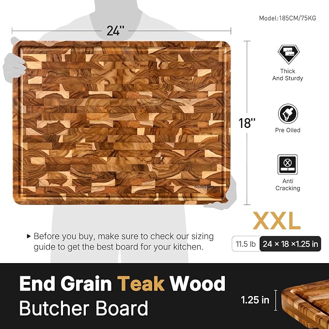 Teak Wood Extra Large End Grain Cutting Board for Kitchen with Non-slip Feet, Heavy Duty Checkered Cutting Board with Juice Groove & Handle Handcrafted Luxury Chopping Board for Meat, Vegetables