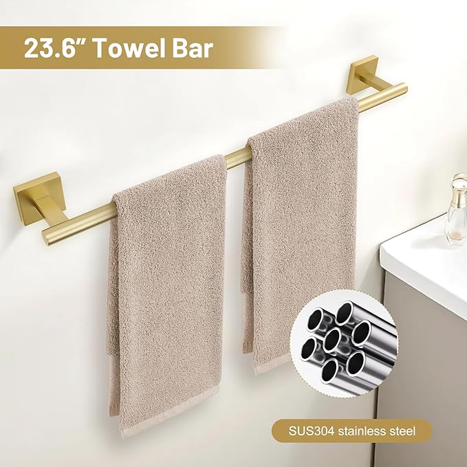 TURS Brushed Gold 5 Piece Bathroom Hardware Accessories Set, SUS304 Stainless Steel Bath Towel Bar Set, 24 Inch Round Bathroom Towel Holder Set Wall Mounted