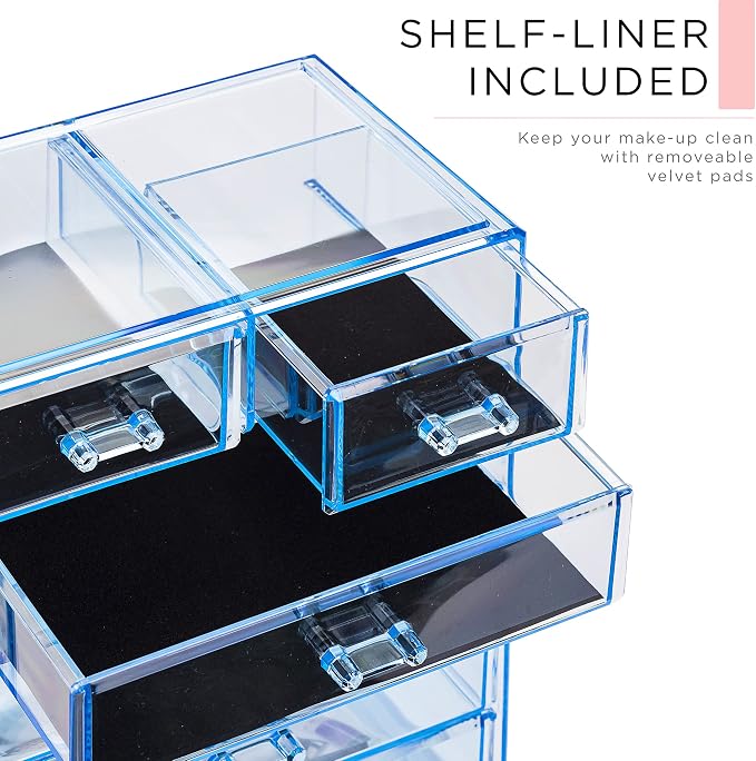 Sorbus Acrylic Makeup Organizer Set, 6-Drawer Vanity & Countertop Cosmetic Storage with Small & Wide Compartments, Blue Brilliance Makeup Storage for Brushes, Jewelry – Holiday Gift for Women & Teens