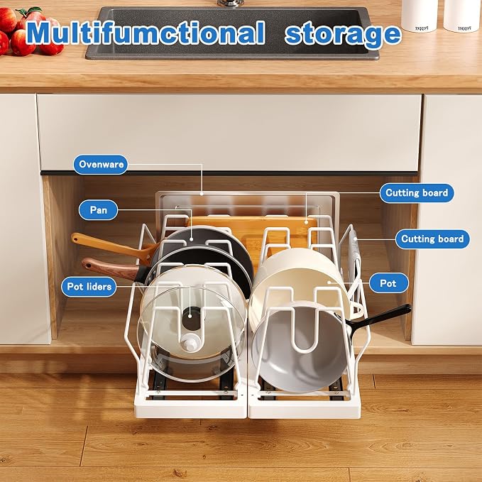Mustorn 2 Pack Pots and Pans Organizer Under Cabinet, 21.6" Deep Pull Out Pot Lid Organizer Holder with Guardrail Adhesive Pot and Pan Holder Rack with 10 Adjustable Dividers(White)