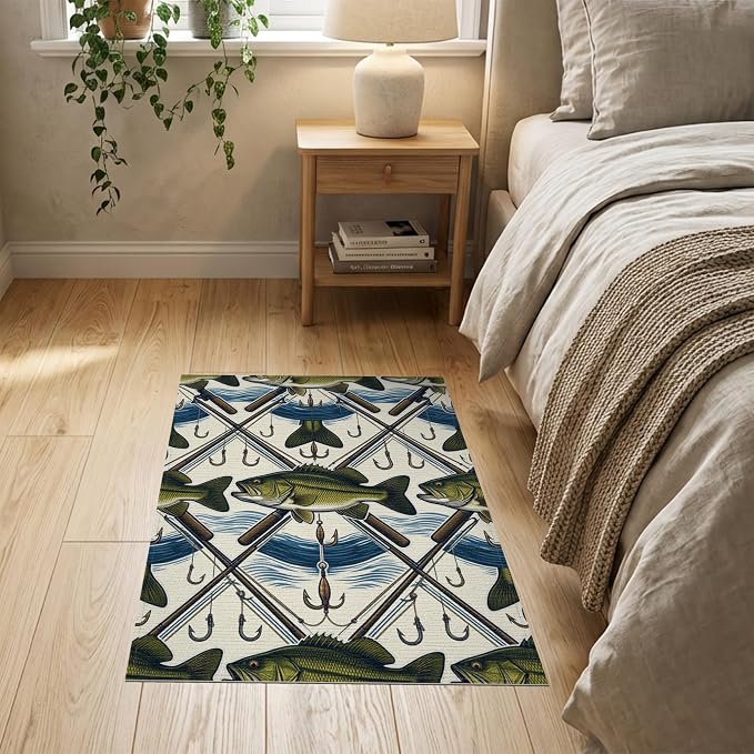 2'x3' Washable Area Rug Bass Angler Hook Lure Frame Tackle Motif Border Fish Fishing Refined Structured for Bedroom, Nursery, RV, Pet Friendly & Kids Safe Bedside