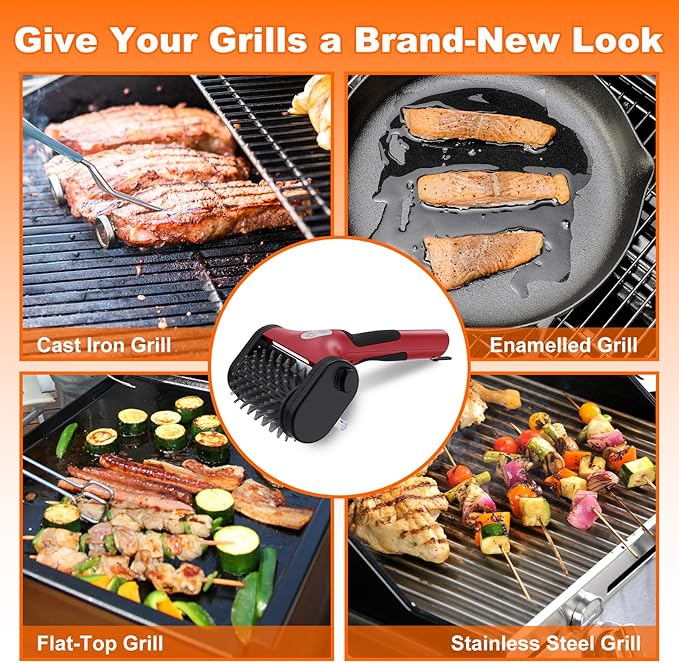 Electric Grill Brush for Outdoor Grill,2600mAh Rechargeable Electric Grill Cleaner with 2-Speed(Max 1000RPM)，2 Replacement Heads and LED Light for Outdoor/Camping BBQ Grates Cleaning Tool (Red)
