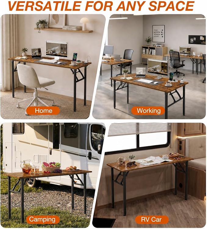 XBurmo Small Folding Desk Folding Table, No Assembly Foldable Desk Gaming Desk, 55.1-Inch Computer Table Workstation with 2 AC Outlets and 2 USB Ports for Bedroom and Home Office, Rustic Brown