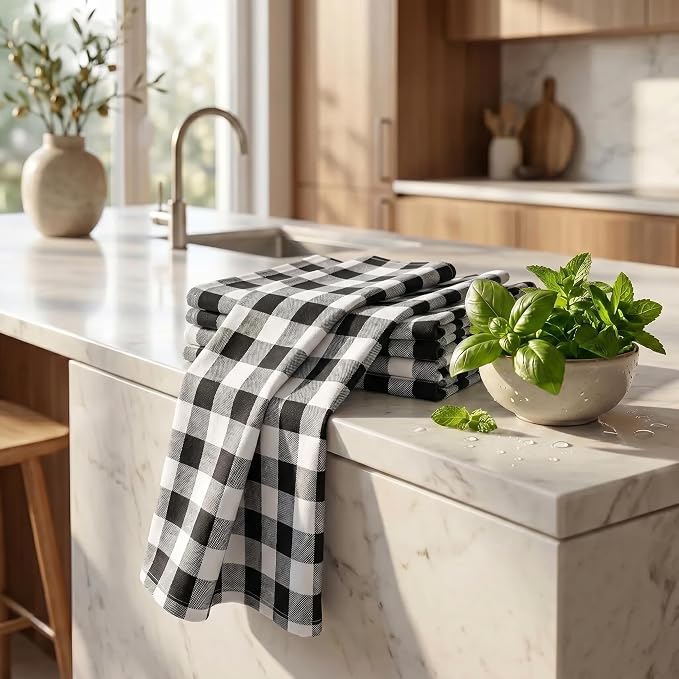 Urban Villa Kitchen Towels 100% Cotton Dish Towels for Kitchen (Set of 6) 20”x30” Dish Cloths Highly Absorbent Kitchen Linen Set with Hanging Loop Perfect for Drying Dishes Cleaning – Black White