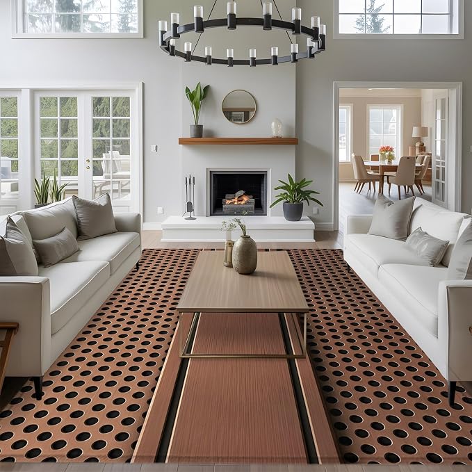8 x 10 Ft Large Area Rug for Living Room, Brown Metal Hole Indoor Accent Rugs for Bedroom, Copper Net Eye Hole Pattern Decorative Modern Carpet Washable Low Pile Non Slip Rug for Dining Room