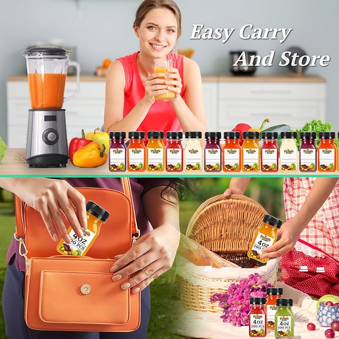 100PCS 4OZ Mini Plastic Juice Bottles with Caps, Clear Shot Bottles Reusable Containers with Labels, Funnel and Brush，Suitable for Juice Milk, Tea, Drinking, Smoothie,Other Beverages (100, 4, ounces)