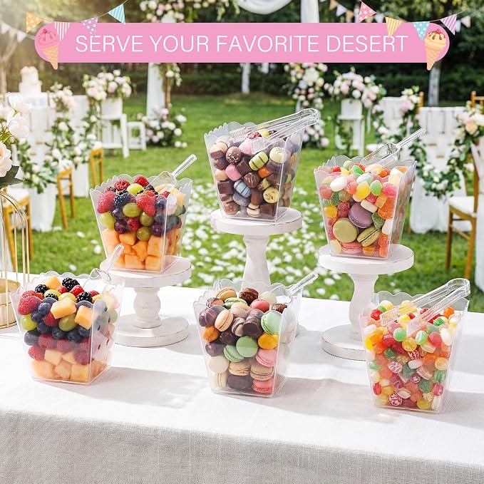 61 oz 6 Clear Plastic Candy Bar Containers with 3 Tongs and 3 Scoops Candy Buffet Supplies Reusable Scalloped Bowls for Party Station Weddings Birthday Dessert Snack Display