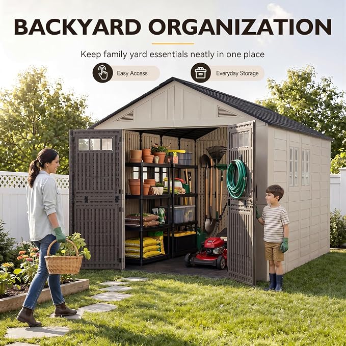 Aoxun 8x12 Ft Outdoor Storage Shed with Floor, Large Resin Outdoor Shed with Lockable Door & Windows, Garden HDPE Sheds for Lawn Tools, Pool Supplies & Bikes