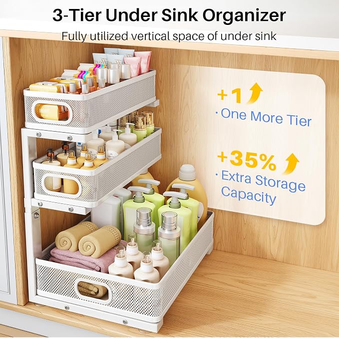 Under Sink Organizer, 1-Pack 3-Tier Thickened Metal Pull out Cabinet Organizer Shelf, Height Adjustable Slide out Storage Drawer Rack for Kitchen Bathroom Pantry Laundry Home Organization, White
