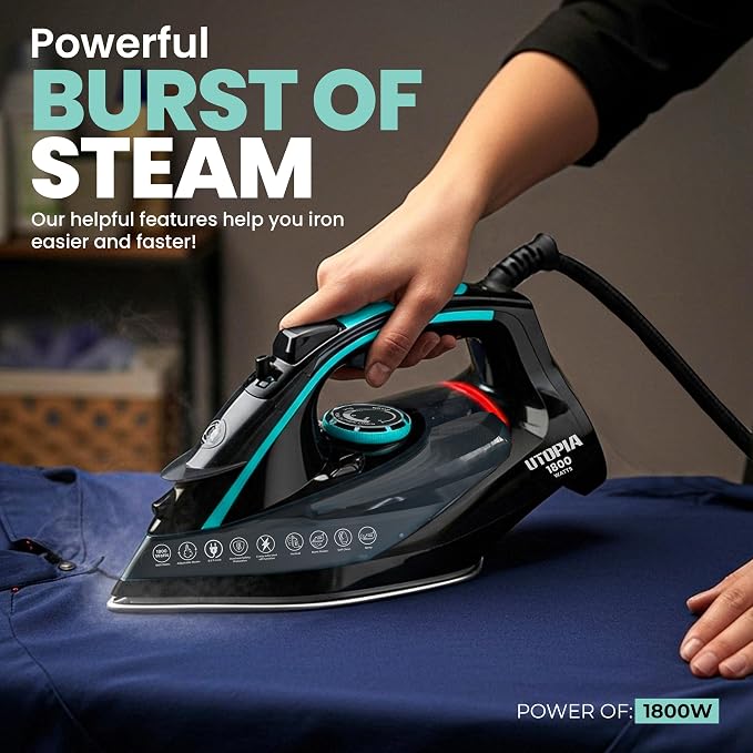 Utopia Home Steam Clothes Iron - 1800W (Black Teal) Non-Stick Soleplate | Nonstick Soleplate With Auto-Off Safety Feature - Adjustable Thermostat Control, Variable Steam Control, Self-Clean, 8ft Cord