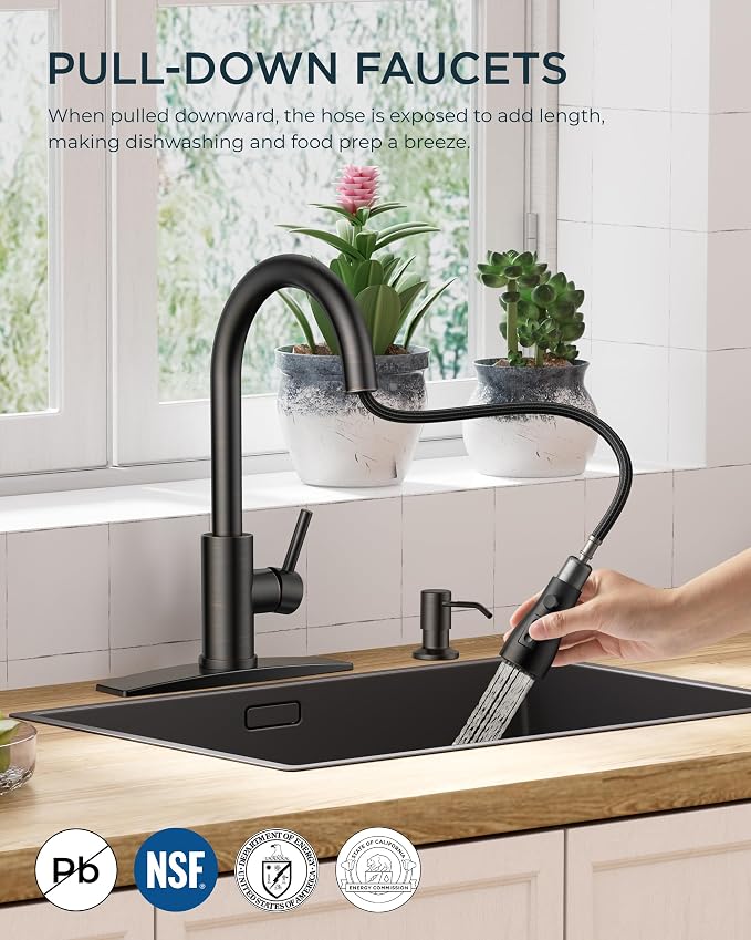 FORIOUS Kitchen Faucet with Soap Dispenser and Pull Down Sprayer, Bar High Arc Single Handle Classic 3 Modes Stainless Steel Faucet for Kitchen Sink Farmhouse RV Laundry Camper, Oil Rubbed Bronze
