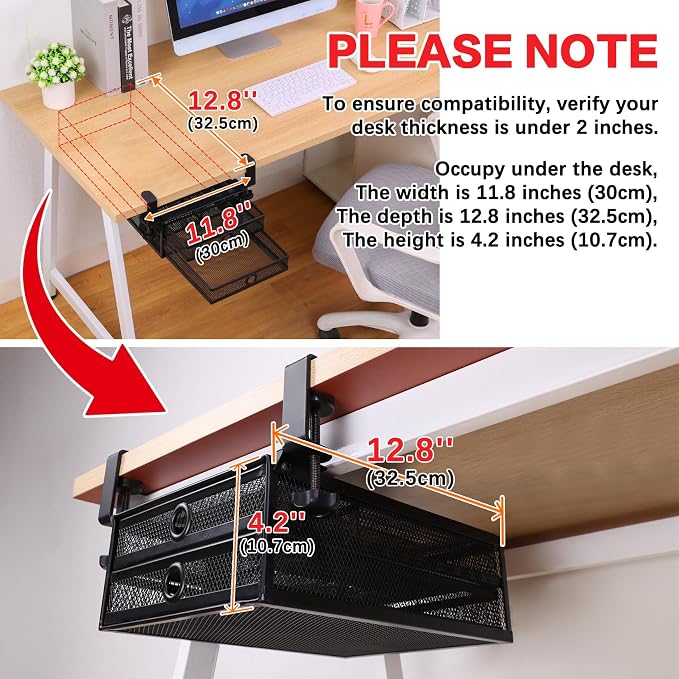 ROSYLINE Under Desk & Desktop Drawer Organizer, 2-Tier Big Capacity (Black) | Steel Construction, Clip-On No Drill Installation, Fits A4 Paper, for Office & Household Supplies