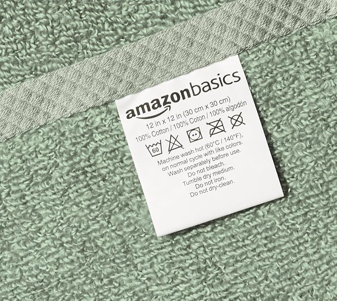 Amazon Basics Cotton Washcloths, Lightweight Quick-Dry, Comfy and Soft, 12" x 12", Seafoam Green, 12-Pack