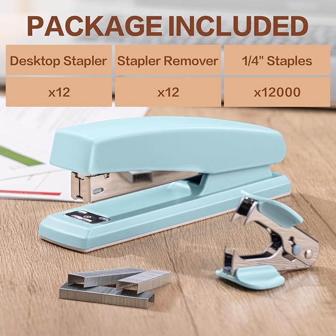 Deli Stapler, 12 Pack Staplers with 12000 Staples and 12 Staple Removers, Staplers for Desk, 25 Sheet Capacity, Blue