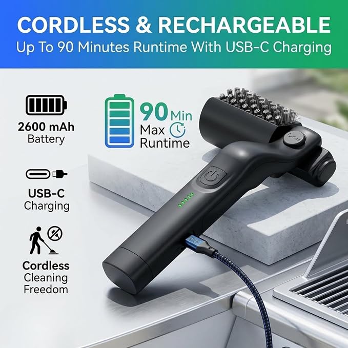 Electric Grill Brush, Cordless Rechargeable BBQ Grill Cleaner with High Torque Motor, Stainless Steel Bristles, Adjustable Angle, Heavy Duty Cleaning Tool for Grill Grates
