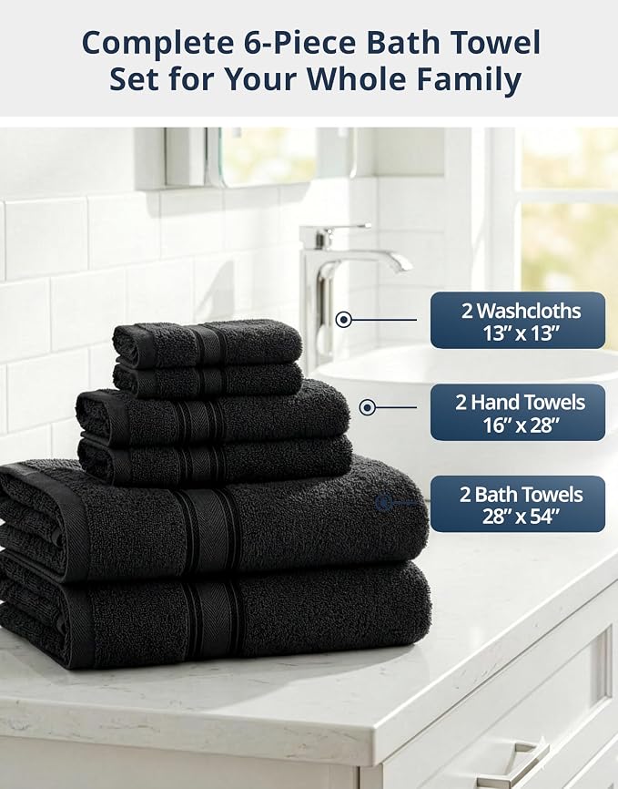 LANE LINEN Towel Set for Bathroom Soft Absorbent Quick Dry 6 Piece - Black | Set Of Towels - Dobby Border Accent, OEKO-TEX Certified, Zero-Twist Durability, Zero-Twist Cotton, Terry Weave Comfort