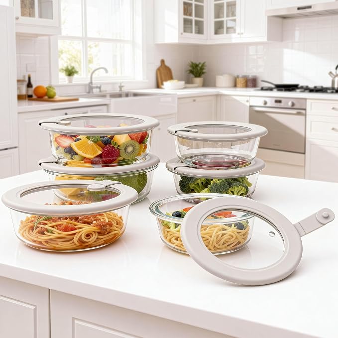 Glass Food Containers with Glass Lid, Microwave Safe Food Storage Container Set, 6 Pack, Large Size Airtight Storage Set with Leak Proof Lids, Meal Prep Containers