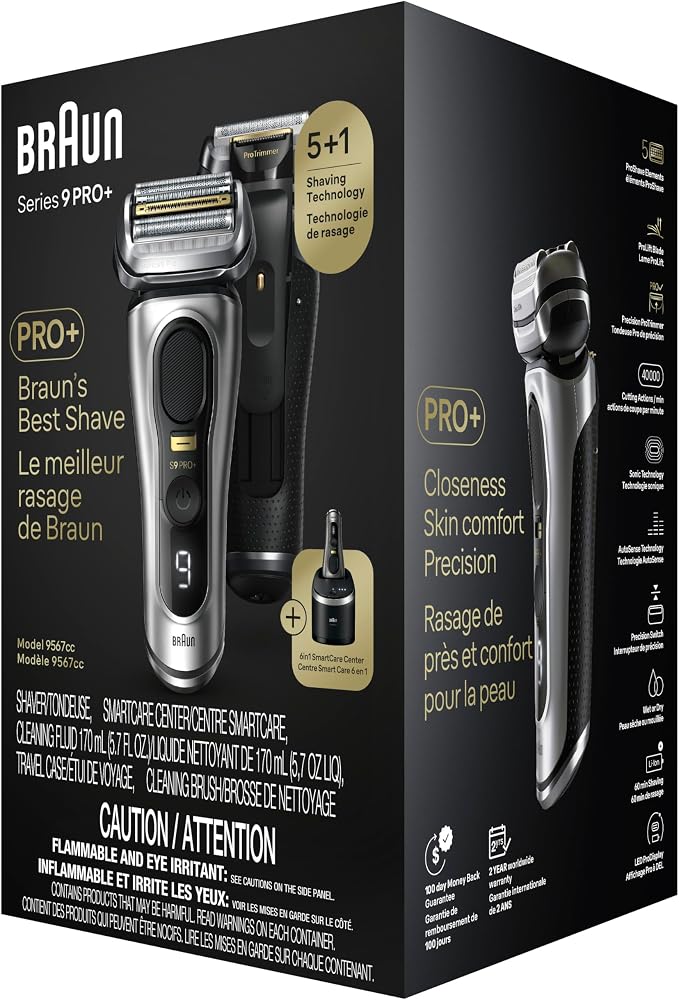 Braun Series 9 PRO+ Electric Razor for Men, 5 Pro Shave Elements & Precision Long Hair Trimmer, 6in1 SmartCare Center, Wet & Dry Electric Shaver for Smooth Skin with 60min Battery Runtime, 9567cc