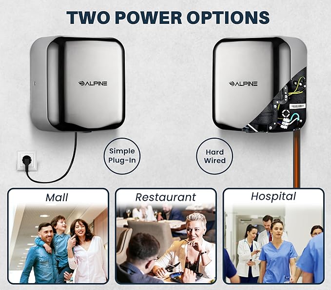 Alpine Industries Hemlock Automatic High Speed Hand Dryer - Heavy Duty Stainless Steel - Commercial High Speed Hot Air Hand Blower | 1800Watts | 110-120Volts | Quick & Easy Installation (Chrome)