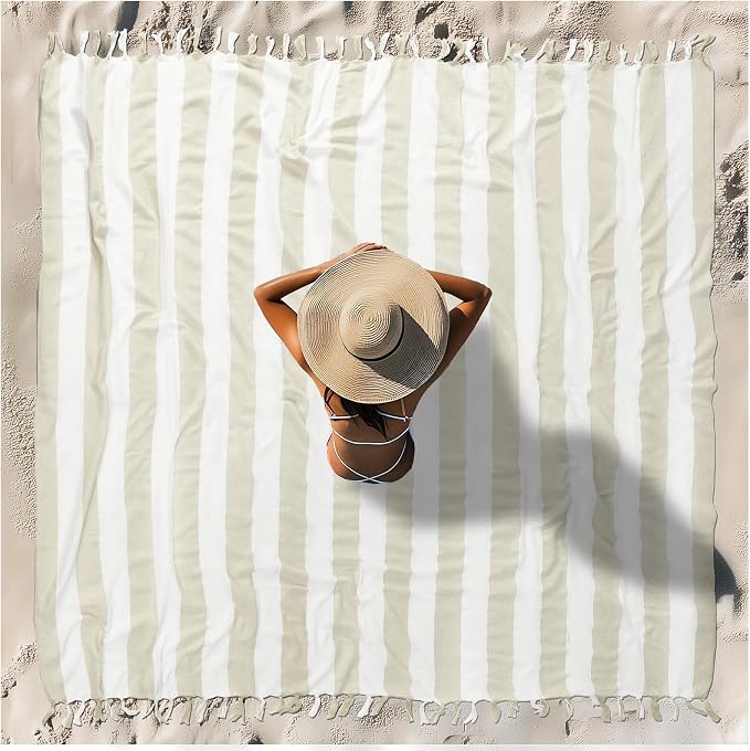 Vikumond Turkish Beach Towel Blanket Oversized 88x82 Inch Quick Dry Beige | Lightweight Compact Portable Sand Free Absorbent Boho Woven Throw for Pool Swimming Picnic Camping Cruise Outdoor Essentials