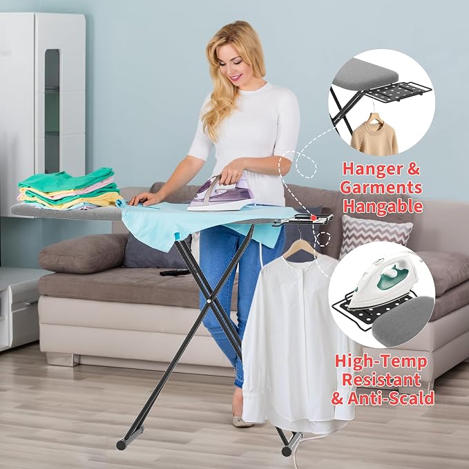 Ironing Board, 43"×13" with Iron Rest, 4 Layer 7 Adjustable Height & Sturdy | Iron Board with Bulit-in Hook and Hanger Bar, Heat Resistant Cover and Pad for Home Apartment Laundry Room Dorm, Gray