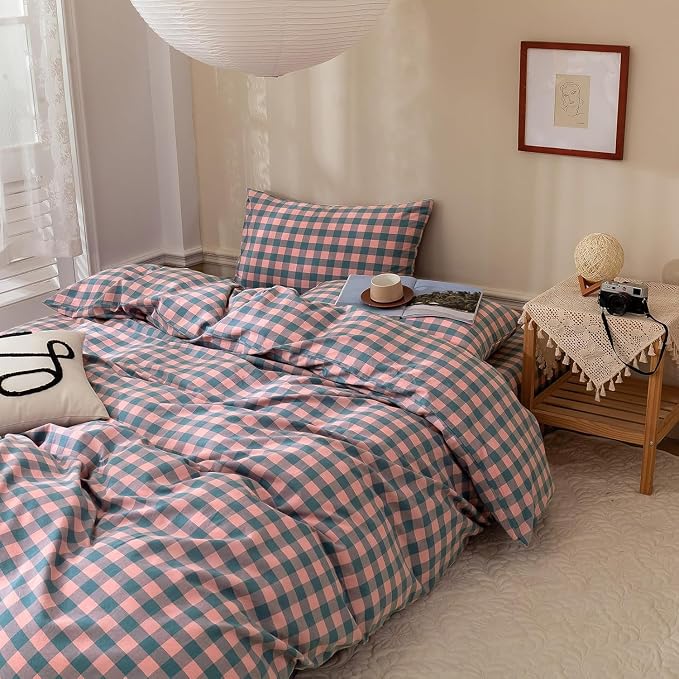 mixinni Pink Blue Purple Checkered Duvet Cover Set - Full Size, 3-Piece 100% Cotton Bedding Set, Soft & Breathable Geometric Plaid with Zipper Closure, Reversible Comforter Cover for All Seasons