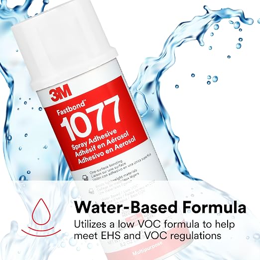 3M Fastbond Water-Based Multipurpose Spray Adhesive 1077, Low VOC <6%, Bonds Cardboard, Cork, Fiberglass Insulation, Wood, Neutral, Net Wt 8.2 oz, 1 Can