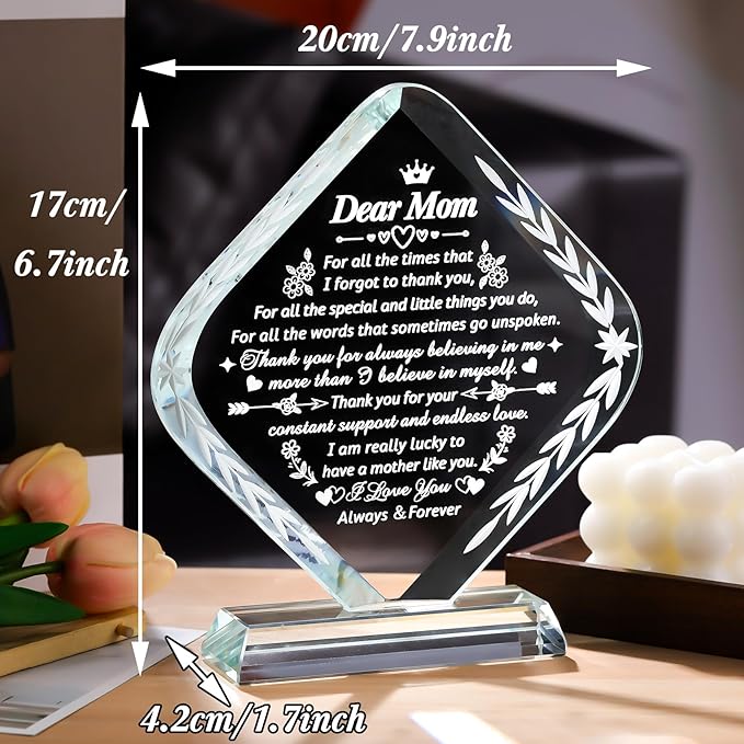Movdyka Gifts for Mom, Crystal Engraved Keepsakes Plaque, Mom Gifts from Daughter Son Best Birthday Gifts for Mom Mothers Day Valentines Gifts for My Mom Christmas Anniversary Presents for Mother