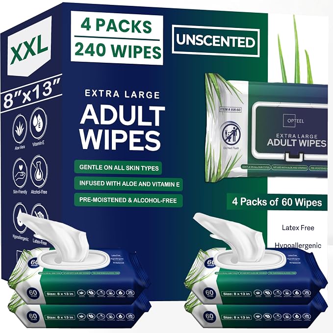 OPTEEL Adult Wipes For Elderly - 8"x13" Extra Large & Soft Wet Wipes for Adults Bathing - Incontinence Disposable Washcloths, Vitamin E & Aloe Infused for Men & Women 240ct (4 Packs of 60)