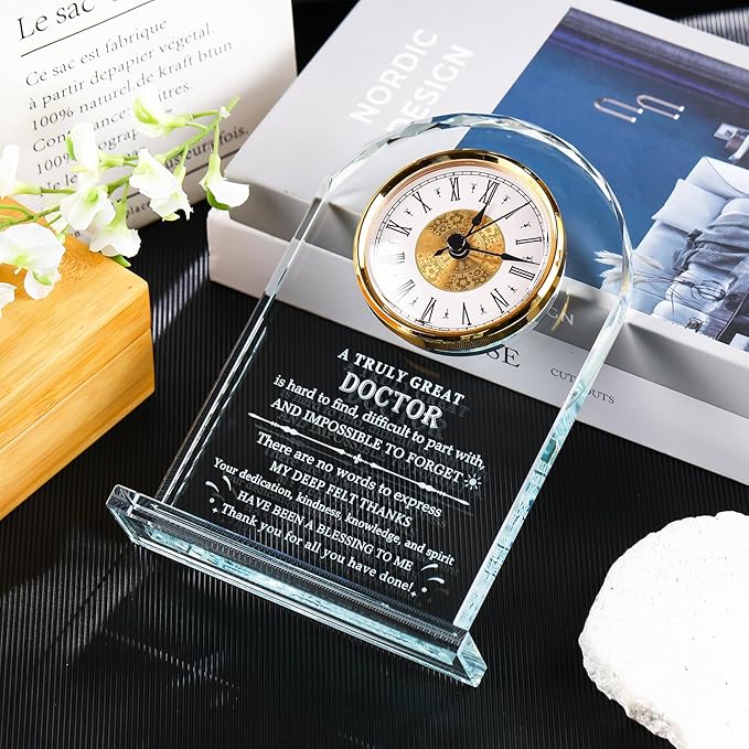 YWHL Doctor Gifts for Men Women, Crystal Glass Clock Thank You Appreciation Gifts for Doctors Best Doctor Ever Gift Idea for Doctors Day Birthday Retirement Christmas Office Table Decor