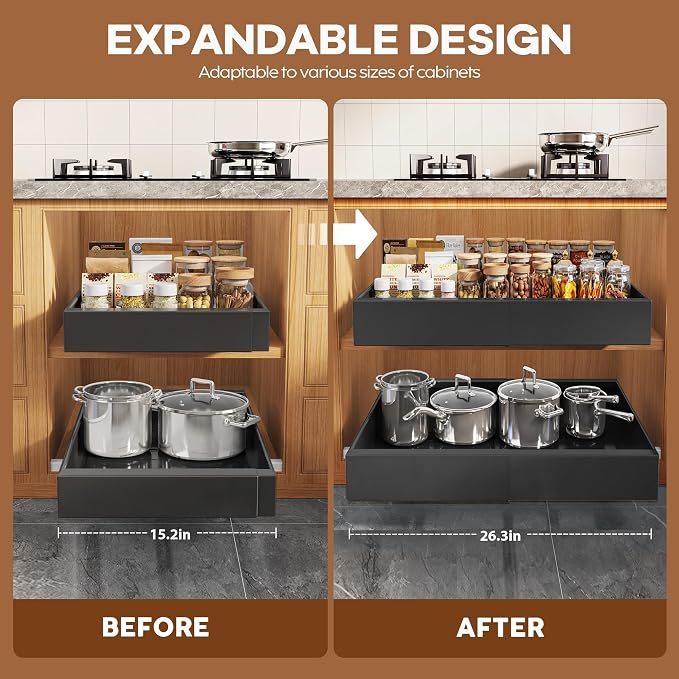 Seinloes 4 Pack Expandable Width (15.15"-26.3") Pull Out Cabinet Organizer 21" Deep with Raising Pad for Framed Cabinets, Upgrade 3 Slide Rails Slide Out Drawers, Roll Out Shelves Adhesive, Black