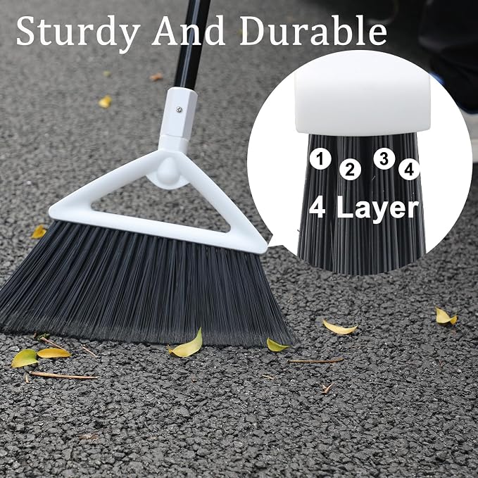 Heavy Duty Angle Broom 1 Pack - White Broom for Outdoor & Indoor, Garage, Driveway, Sidewalk, Kitchen & More, Long Handle