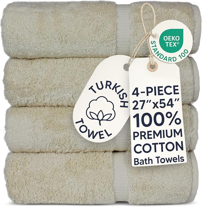 Chakir Turkish Linens 4 Piece Large Bath Towels, 100% Cotton Turkish Towels for Bathroom, Luxury Soft Absorbent Bath Towel Set, 27 x 54 Inches, Beige