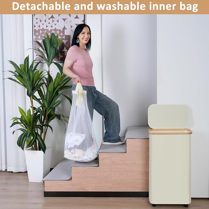 iEGrow 75L Slim Laundry Hamper, Narrow Laundry Basket with Lid,Foldable Clothes Hamper with Wheels,Hamper Basket with Removable Inner Bag for Laundry Room Bedroom College Dorm,17.17 Gals Grey