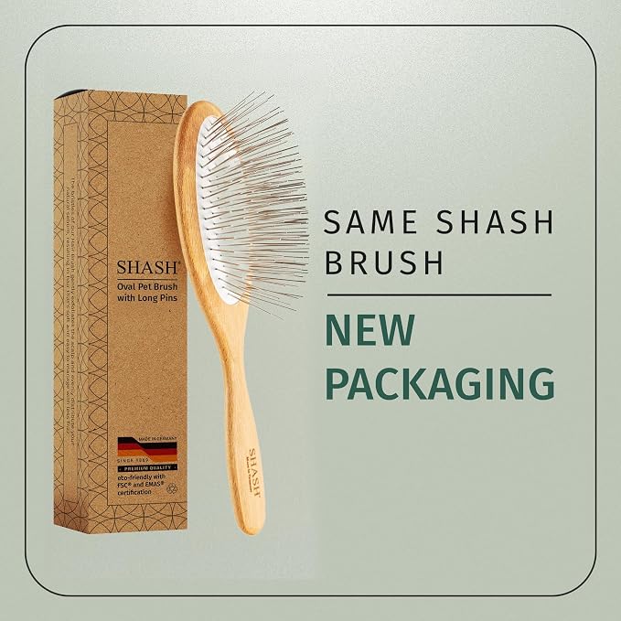 Since 1869 Hand Made In Germany - SHASH Oval Pet Brush With Long Metal Pins With Rubber Cushion - Helps Detangle Knots, Eliminate Frizz, Reduce Pulling & Snagging