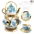 ALIMOTA 20 Pcs Porcelain Tea Set with Metal Holder and Spoon, European Ceramic Tea Set for Adults, European Flower Painting Teapot Cup Saucer Spoon Set for 6, Gift Pack (Blue and Pink)