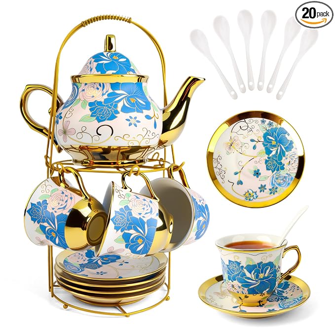 ALIMOTA 20 Pcs Porcelain Tea Set with Metal Holder and Spoon, European Ceramic Tea Set for Adults, European Flower Painting Teapot Cup Saucer Spoon Set for 6, Gift Pack (Blue and Pink)