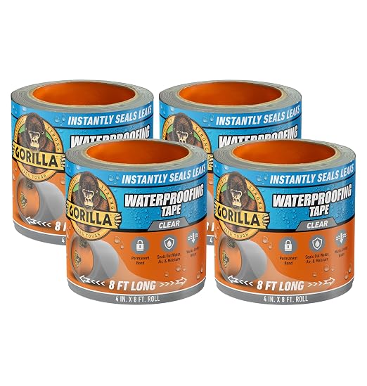 Gorilla Waterproof Patch & Seal Tape, Clear Tape, 4" x 8' (Pack of 4) - Permanent Weather Resistant Seal for Leaks and Repairs