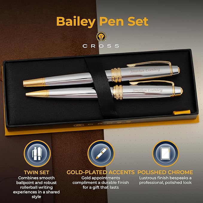 Cross Bailey Medalist Engraved Rollerball and Ballpoint Pen Set, Chrome with 23K Gold Trim, Personalized Gift for Graduation, Retirement, Career Advancement, Executives, Cross Gift Box Included