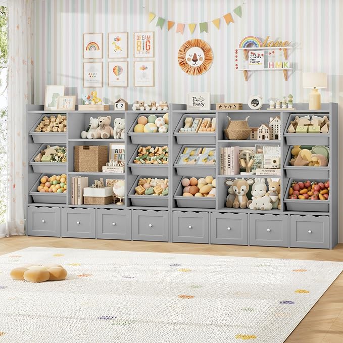 HITHOS 55" W Kids Toy Storage Organizer with 10 Toy Box & Book Shelf, Gray | Large Toy Organizers and Storage with Kids Bookshelf & 6 Plastic Toy Chests & 4 Movable Drawers for Kids Room, Playroom