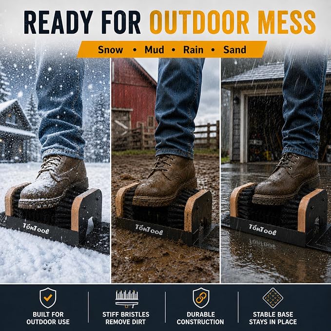 Boot Brush Scraper Outdoor Heavy Duty Boot Cleaner Brush Outdoor with Natural Stiff Bristles Boot Scrapers with Brushes Outdoor Steel Frame Non-Slip Base Foldable Side Wings Wall Mount or Freestanding