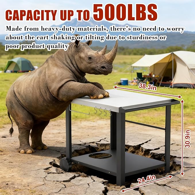Grill Table Stand with Wheels, 24.4" x 38.3" x 30.9" | Extra-wide prep table for Ninja Woodfire, Blackstone griddles and pizza ovens, movable outdoor workspace