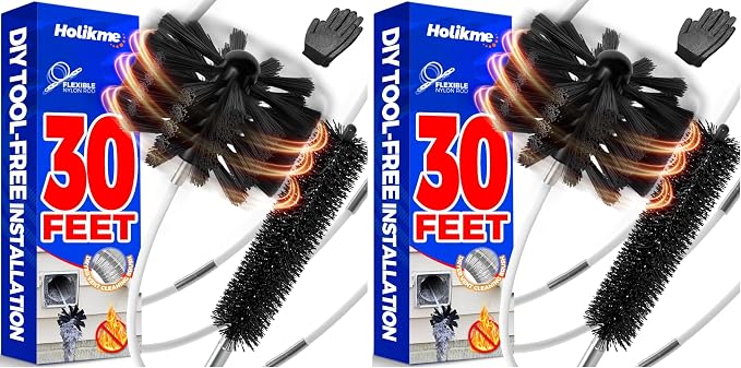 Holikme 30 Feet Dryer Vent Cleaner Kit, Flexible Lint Brush with Drill Attachment, Fireplace Chimney Brushes Extends Up to 30 Feet for Easy Cleaning, Use with or Without a Power Drill (Pack of 2)