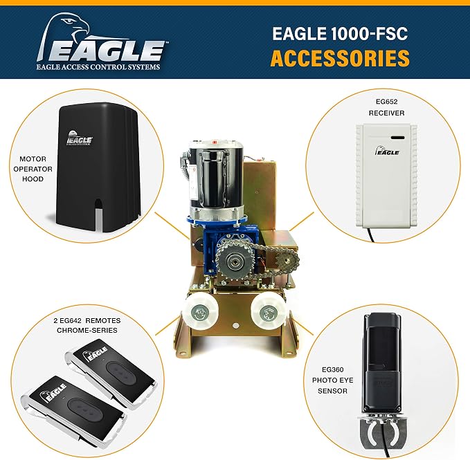 Home Slide Gate Opener Eagle 1000 FSC 1/2 HP Sliding Gate Motor Operator System Residential and Light Commercial for 27’ feet 600lbs Rolling Gates with Wireless Remotes